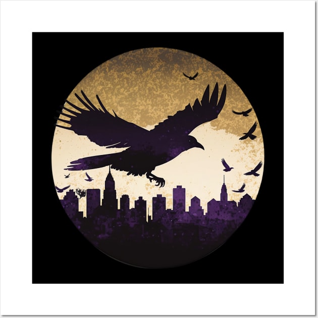 Raven over Baltimore Skyline T-Shirt: A Striking Cutout Tribute in Purple, Black, and Gold Wall Art by 20th Century Tees